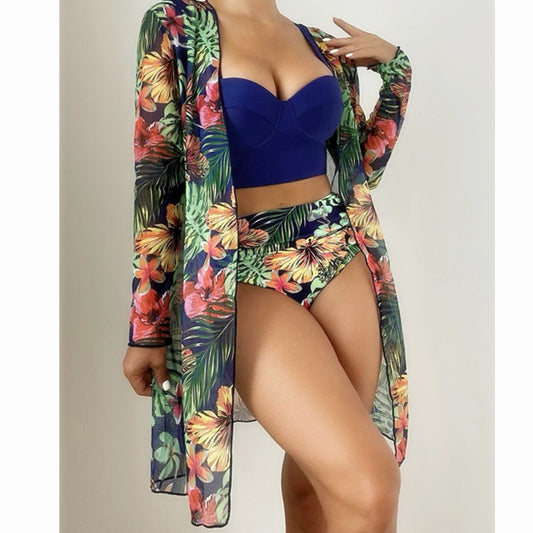 Green swimsuit three-piece set - blue top Classy Girlie Boutique 