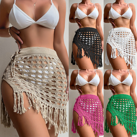 Women Fashion Sexy Hollow Out See-Through Slit Tassel Beach Cover Up Skirt - Classy Girlie Boutique 